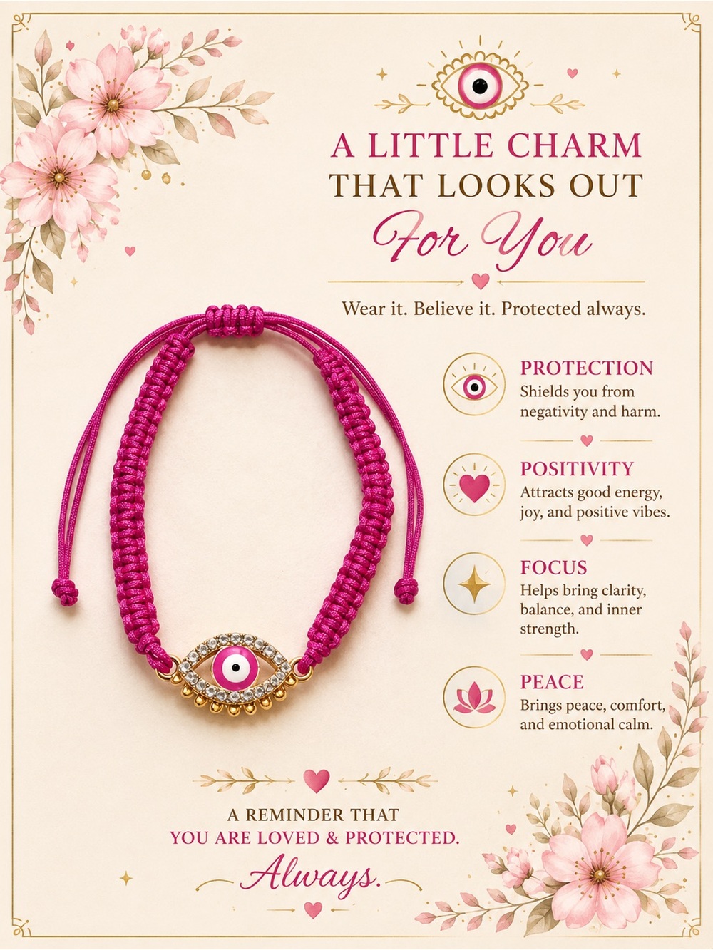 Pink Evil Eye Protection Charm Bracelet - A Little Charm